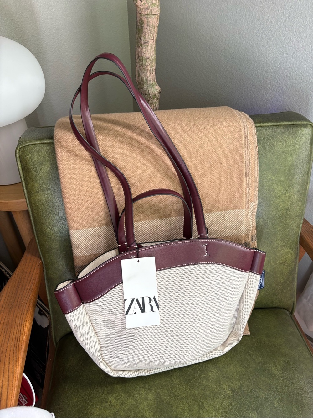Zara canvas almond tote bag the carra NWT NEW